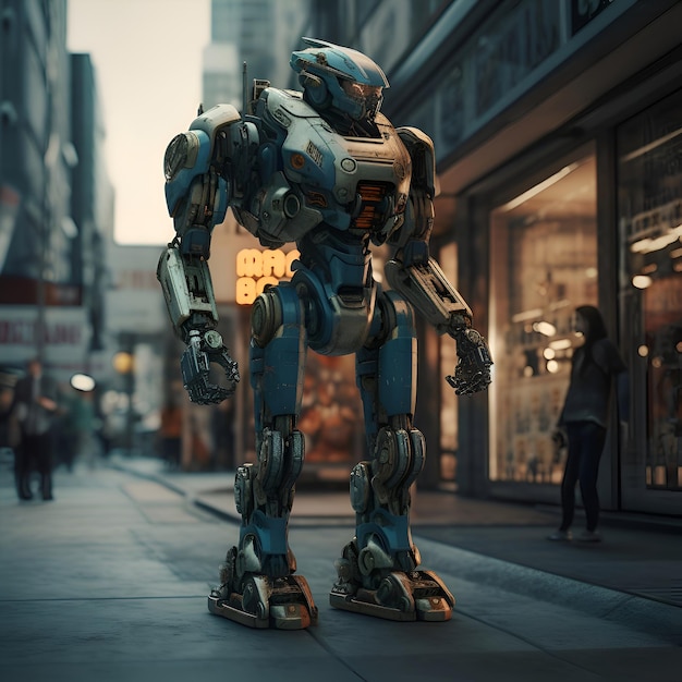 Robot futuristico che cammina nel rendering 3d della città