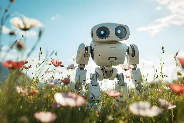 Robot futuristico di fusione sbocciante vaga in un campo di fiori