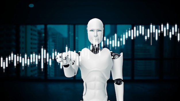 Robot futuristico, intelligenza artificiale CGI per il trading in borsa