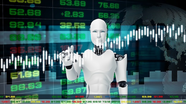 Robot futuristico, intelligenza artificiale CGI per il trading in borsa