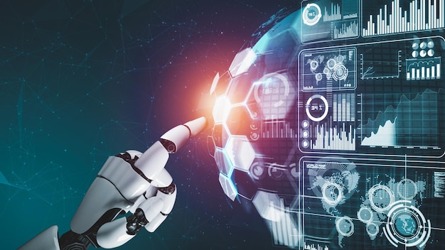 Robot futuristico intelligenza artificiale sviluppo tecnologico rivoluzionario di IA e concetto di apprendimento automatico ricerca scientifica bionica robotica globale per il futuro della vita umana rendering grafico 3D