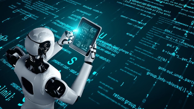 Robot futuristico intelligenza artificiale umanoide AI programmazione codifica