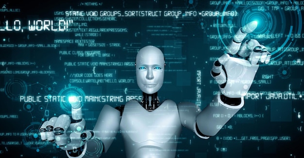 Robot futuristico intelligenza artificiale umanoide AI programmazione codifica