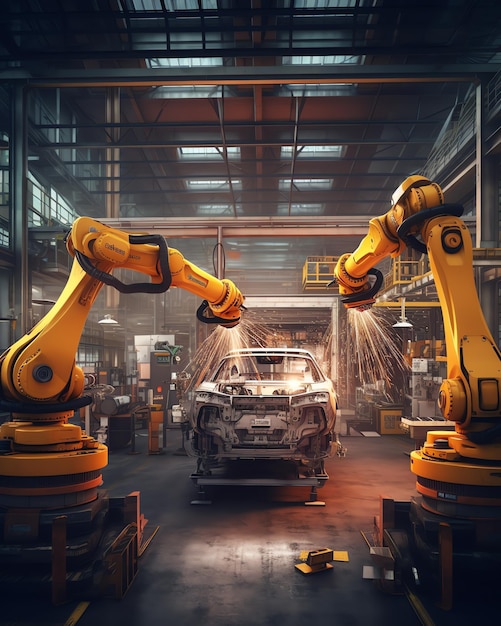 Robot gialli generativi AI che saldano auto in una linea di produzione