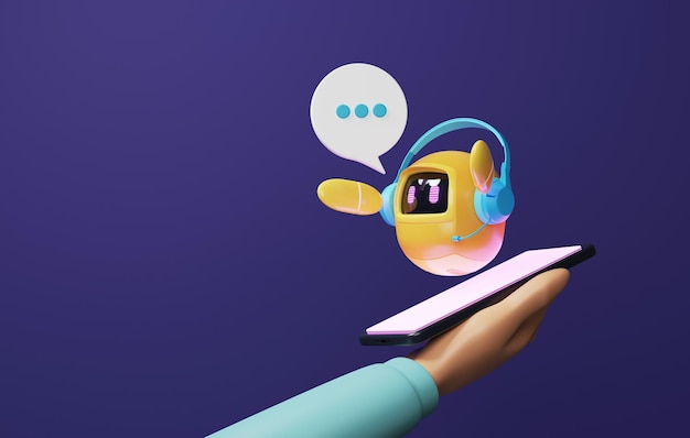 Robot giallo con tecnologia di conversazione luminosa e smartphone su sfondo viola