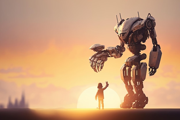 Robot gigante e bambino che camminano insieme IA generativa