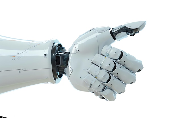 Robot hand pointing with thumb isolated on green background