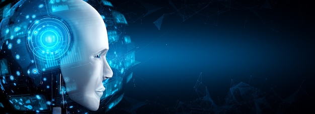 Robot humanoid face close up with graphic concept of big data analytic