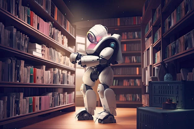 Robot in biblioteca Rendering 3D Robot e scaffale Un bibliotecario robot AI che immagazzina libri in una biblioteca AI Generated