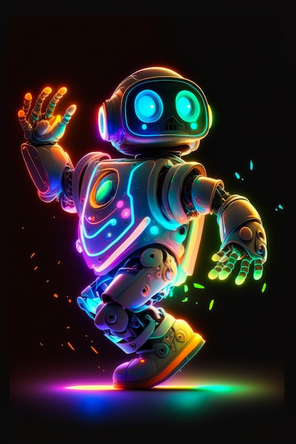 Robot in colori al neon che ballano su sfondo nero IA generativa