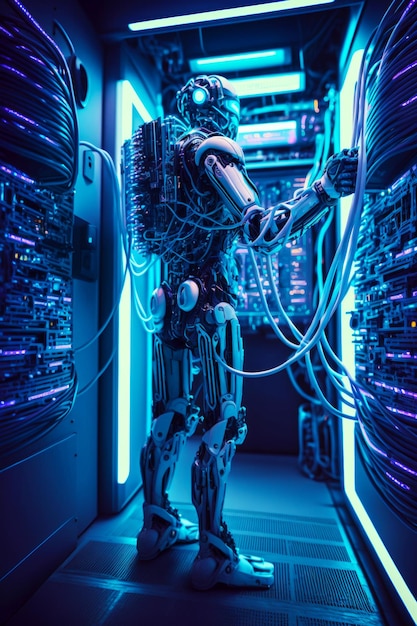 Robot in piedi davanti al server in una stanza con molti fili IA generativa