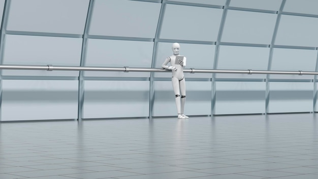 Robot in piedi nella hall, utilizzando la tavoletta digitale