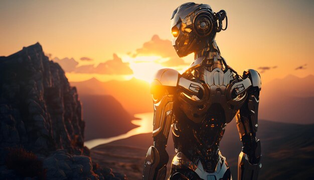 Robot in piedi su una scogliera al tramonto