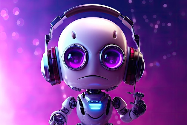 Robot in un cartone animato con uno sfondo viola che è concentrato sulla sua musica e indossa le cuffie Concetto...