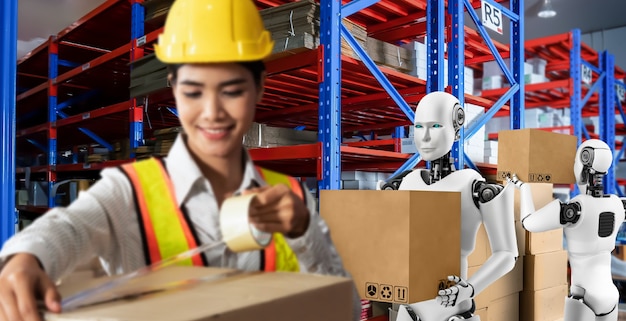 Robot industriale innovativo che lavora in magazzino insieme a un lavoratore umano