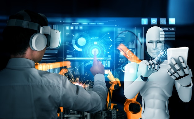Robot industriale meccanizzato e lavoratore umano che lavorano insieme nella futura fabbrica