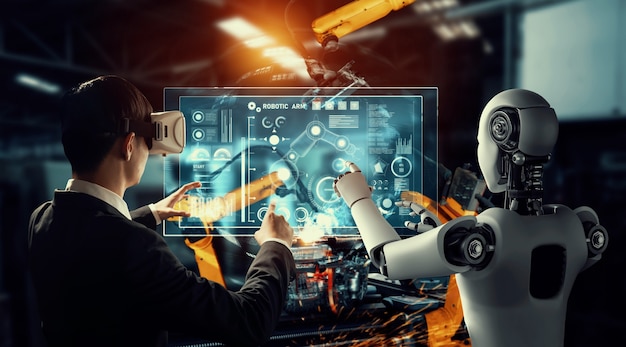 Robot industriale meccanizzato e lavoratore umano che lavorano insieme nella futura fabbrica