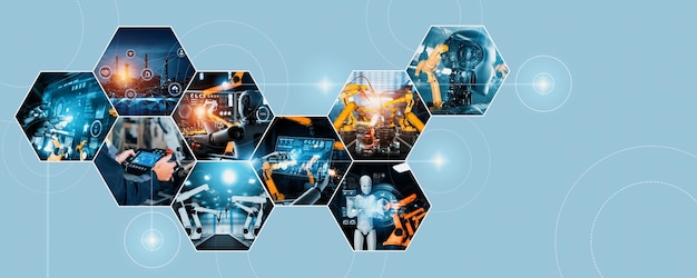 Robot industriali automatizzati AI e assemblaggio di braccia robotiche nella produzione in fabbrica NLP