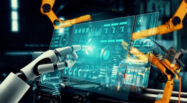 Robot industriali meccanizzati e bracci robotici per l'assemblaggio nella produzione in fabbrica.