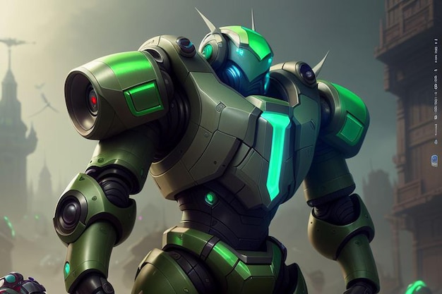 Robot iperrealista con armatura robot di colore verde