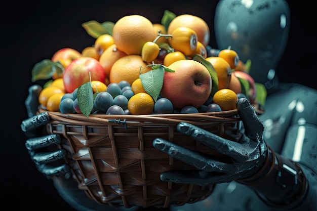 Robot mano che tiene un cesto di frutta fresca rendering 3d Robot AI futuristico contadino che tiene un cesto di frutta fresca AI Generato