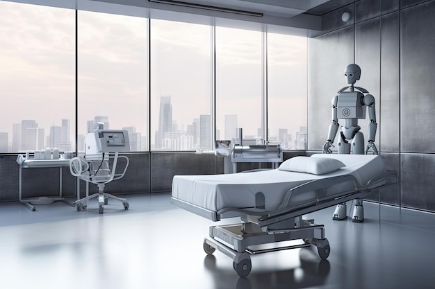 Robot medico che si prende cura del paziente con vista dell'ospedale sullo sfondo creato con l'IA generativa