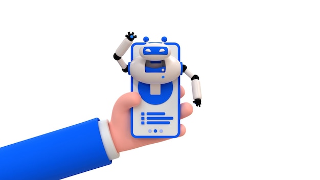 Robot mobile. Cartoon mano umana che tiene smartphone con assistente robotico. illustrazione di rendering 3d.