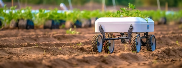 Robot moderno in agricoltura Lavoro sul campo piante in crescita senza sostanze chimiche Concetto di economia sostenibile banner con spazio di copia realizzato con intelligenza artificiale generativa