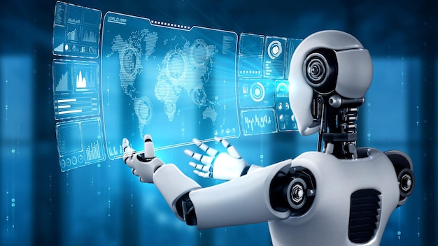 Robot ominoide AI che tiene in mano uno schermo olografico virtuale che mostra il concetto di big data
