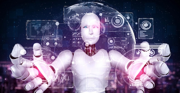 Robot ominoide AI con schermo ologramma virtuale che mostra il concetto di big data