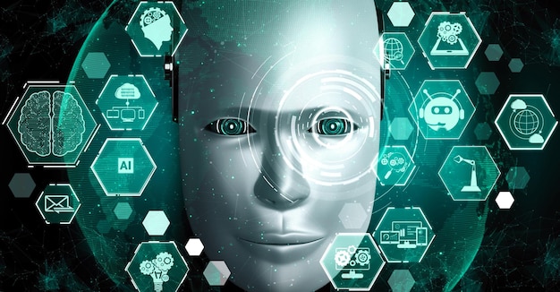 Robot ominoide faccia da vicino con il concetto grafico del cervello pensante AI