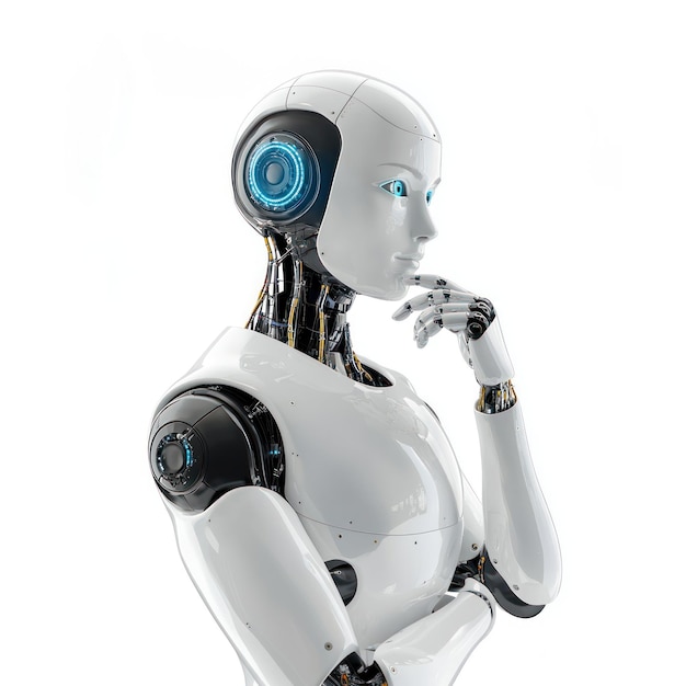 Robot pensante con sfondo bianco