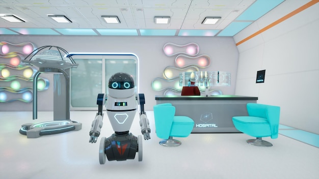 Robot receptionist nel rendering 3d del concetto metaverse dell'ospedale