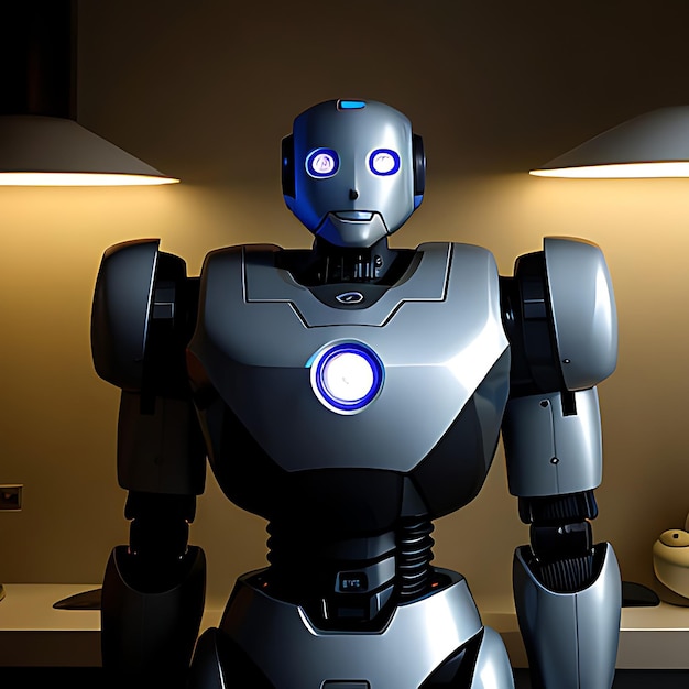 Robot retro felice con una lampadina luminosa in mano concetto di idea illustrazione generativa AI