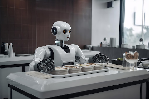 Robot robot di assistenza domestica che mette il cibo nei contenitori Intelligenza artificiale che aiuta le persone nelle faccende domestiche IA generata