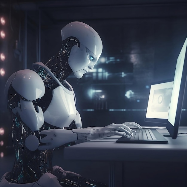 robot sta lavorando su un computer