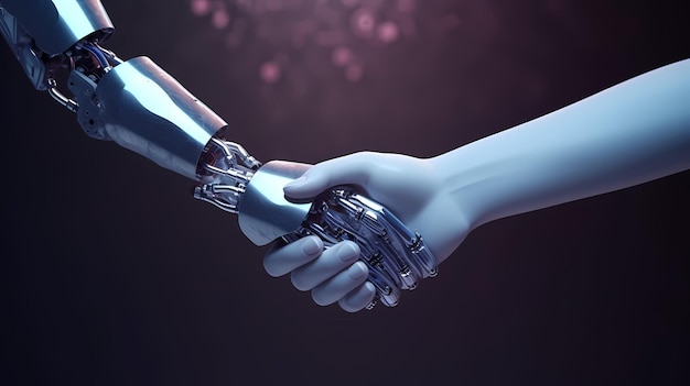 Robot stretta di mano sfondo umano era digitale futuristica