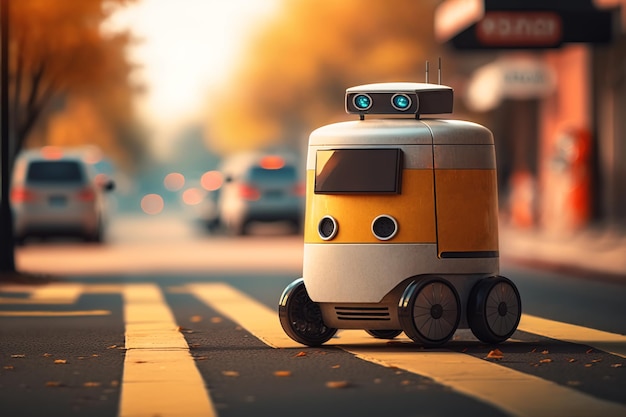 Robot su attraversamento pedonale su strada in città Servizio robotico tecnologie future AI generativo