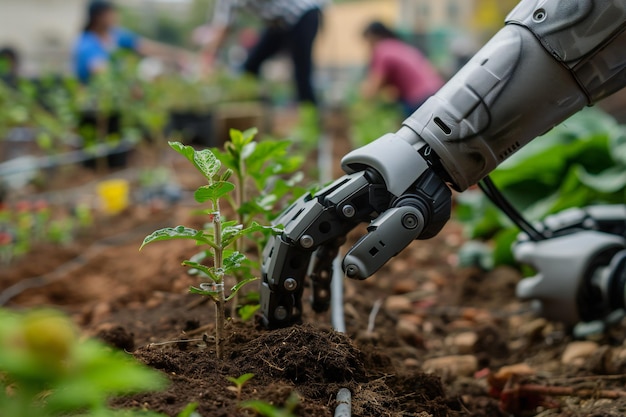 Robot Touching Plant for Advanced Robotic Gardening and Futuristic Plant Care Technology