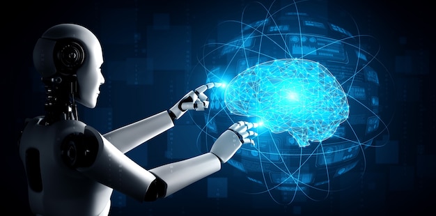 Robot umanoide AI che tocca lo schermo dell'ologramma virtuale che mostra il concetto di cervello AI