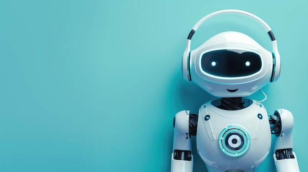 Robot umanoide bianco con cuffie su sfondo blu