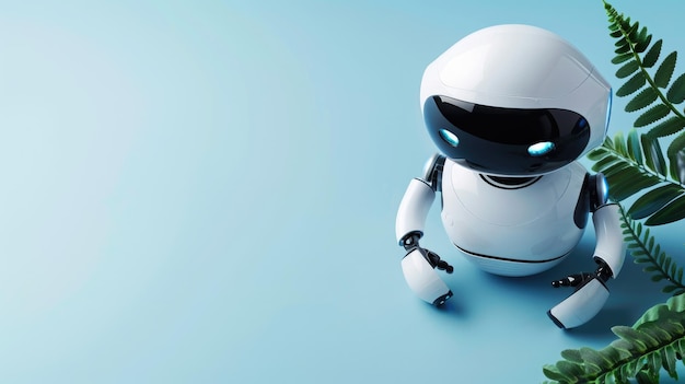 Robot umanoide bianco con occhi blu accanto a una pianta verde sullo sfondo