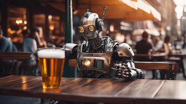 Robot umanoide che beve birra in un caffè di strada