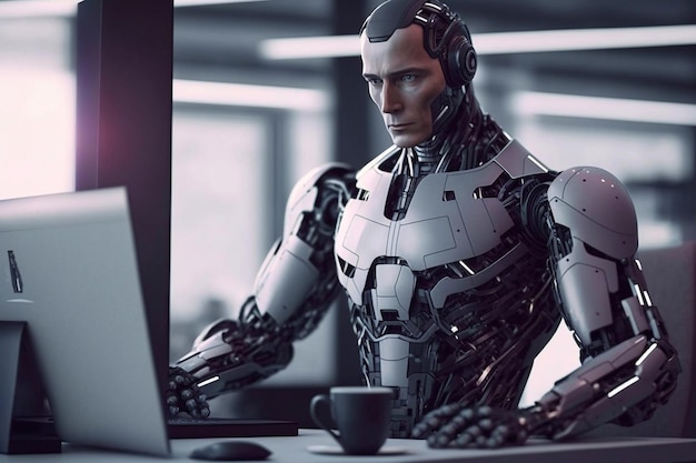 Robot umanoide che lavora con cuffie e notebook IA generativa
