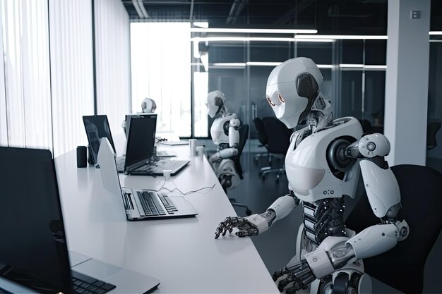 Robot umanoide che lavora in un ufficio moderno Concetto di intelligenza artificiale Rendering 3D Astratto tessuto tessile sfondo AI Generato