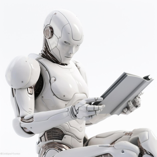 robot umanoide di intelligenza artificiale che legge un libro isolato su sfondo bianco