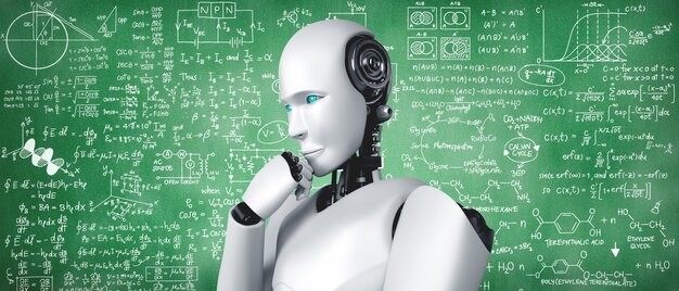 Robot umanoide di pensiero AI che analizza la schermata della formula matematica e della scienza