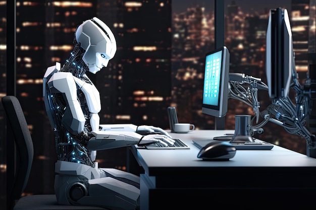 Robot umanoide di rendering 3D che lavora al computer in un ufficio moderno di notte Robot umanoide che lavora con un computer in una stanza buia dell'ufficio Programmazione del robot su un personal computer Generato dall'intelligenza artificiale