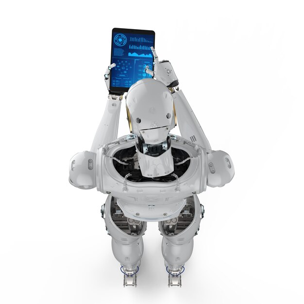 Robot umanoide di rendering 3D che lavora con tablet digitale