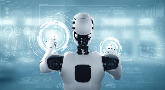 Robot umanoide Mlp ai che tocca uno schermo ologramma virtuale che mostra il concetto di big data
